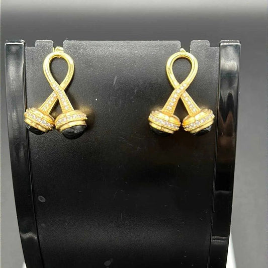 Black stone Earrings in Gold finish, with cubic zirconia stone on stones, featuring black onyx accents