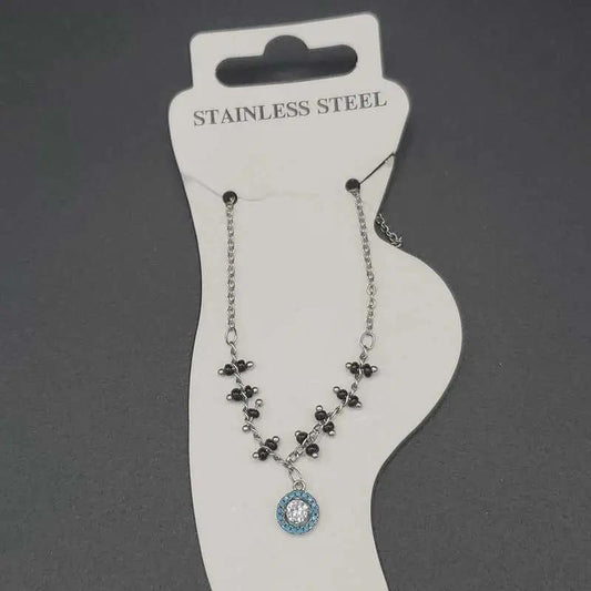 Blue Stone Anklet in Silver finish, with cubic zirconia stone on stone pendant