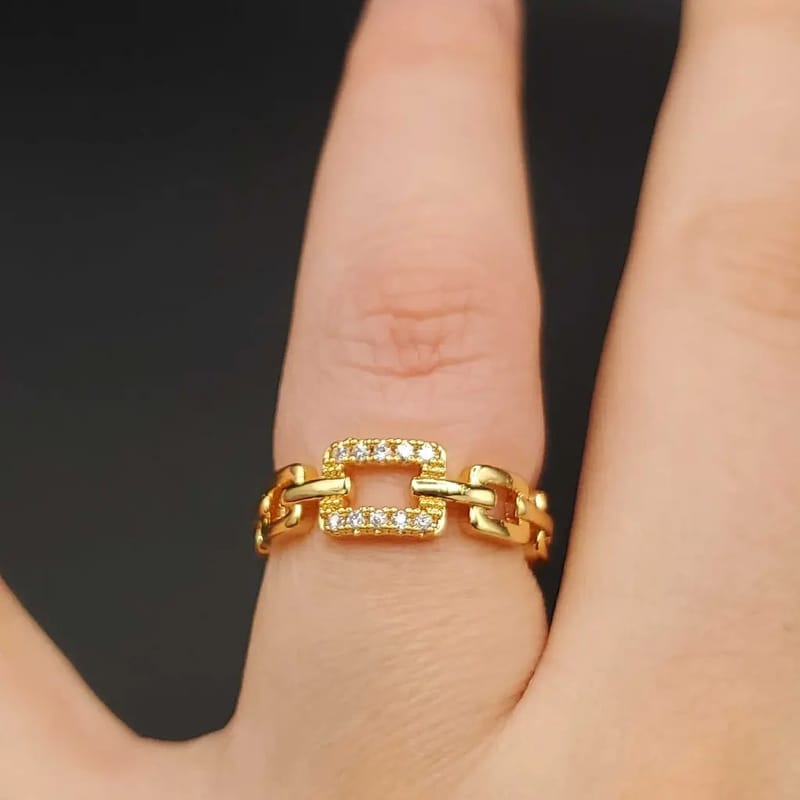 Chain Cuff Bracelet & Ring Set in Gold finish, with cubic zirconia stone on stones set in a rectangular centerpiece
