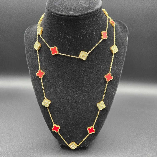 Clover Clover Necklace in Gold finish, with cubic zirconia stone on clover charms