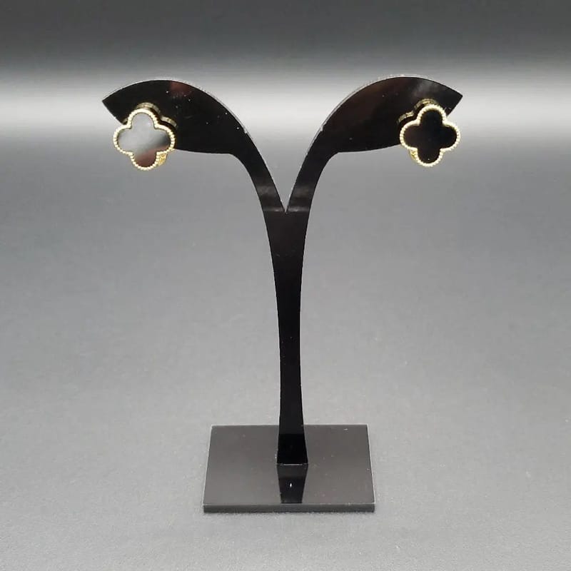 Clover Earring | Double face in Gold finish, with cubic zirconia stone on a neutral background