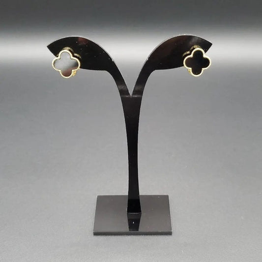 Clover Earring | Double face in Gold finish, with cubic zirconia stone on a neutral background