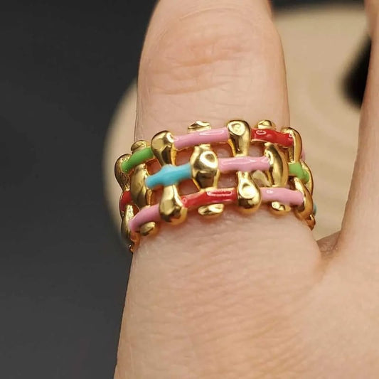 Colorful Design Ring in Gold finish on a neutral background