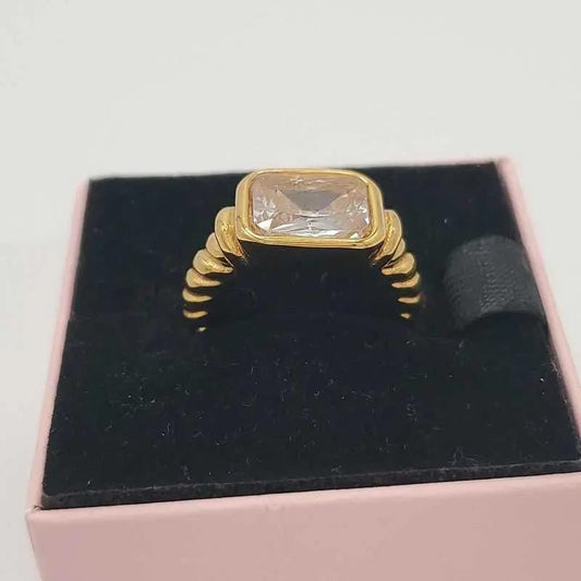 Elegant Big Stone Ring - Gold Plated Stainless Steel in Gold finish, with cubic zirconia stone on a neutral background