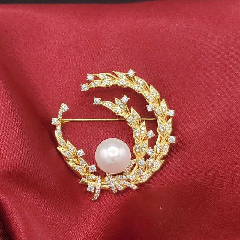 Gold Wheat Brooch in Gold finish, with cubic zirconia stone on and leaf brooch with pearl and clear zircon stones