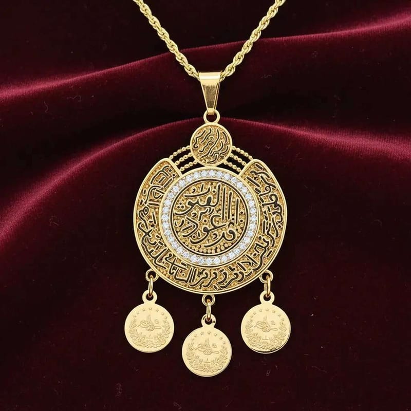 Graceful Islamic Necklace in Gold finish, with cubic zirconia stone on a neutral background
