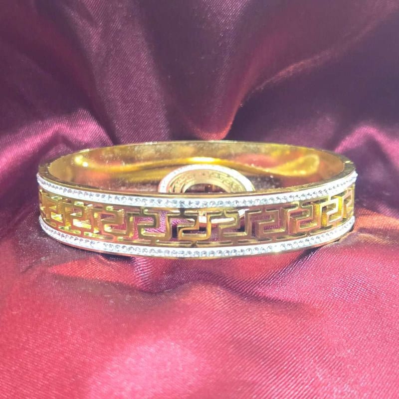Greek Key Bangle Set with Clear Zircons in Gold finish, with cubic zirconia stone on stones