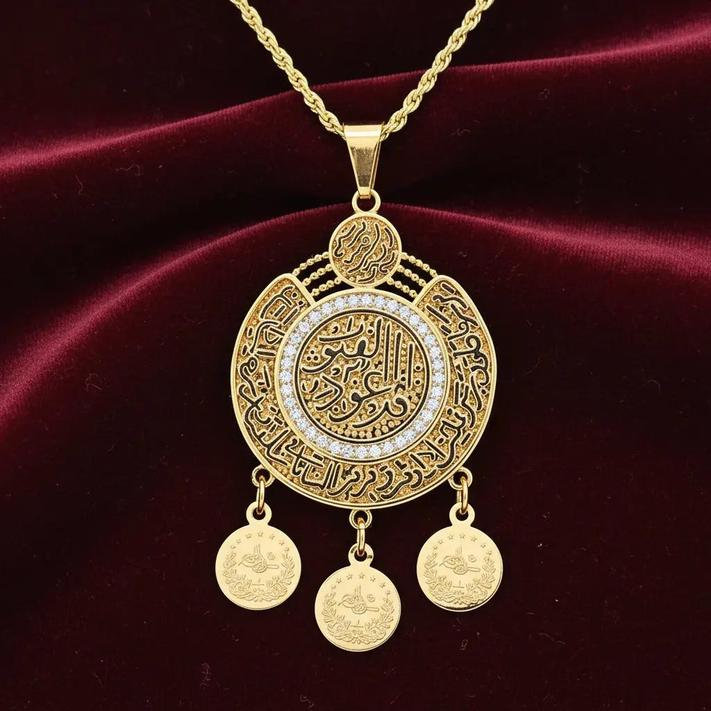 Gold pendant necklace with intricate Islamic design on a red velvet fabric background
