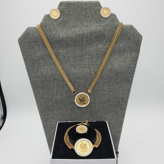 Lira Coin Jewelry Set in Gold finish, with cubic zirconia stone on necklace, bracelet, ring, and earring set