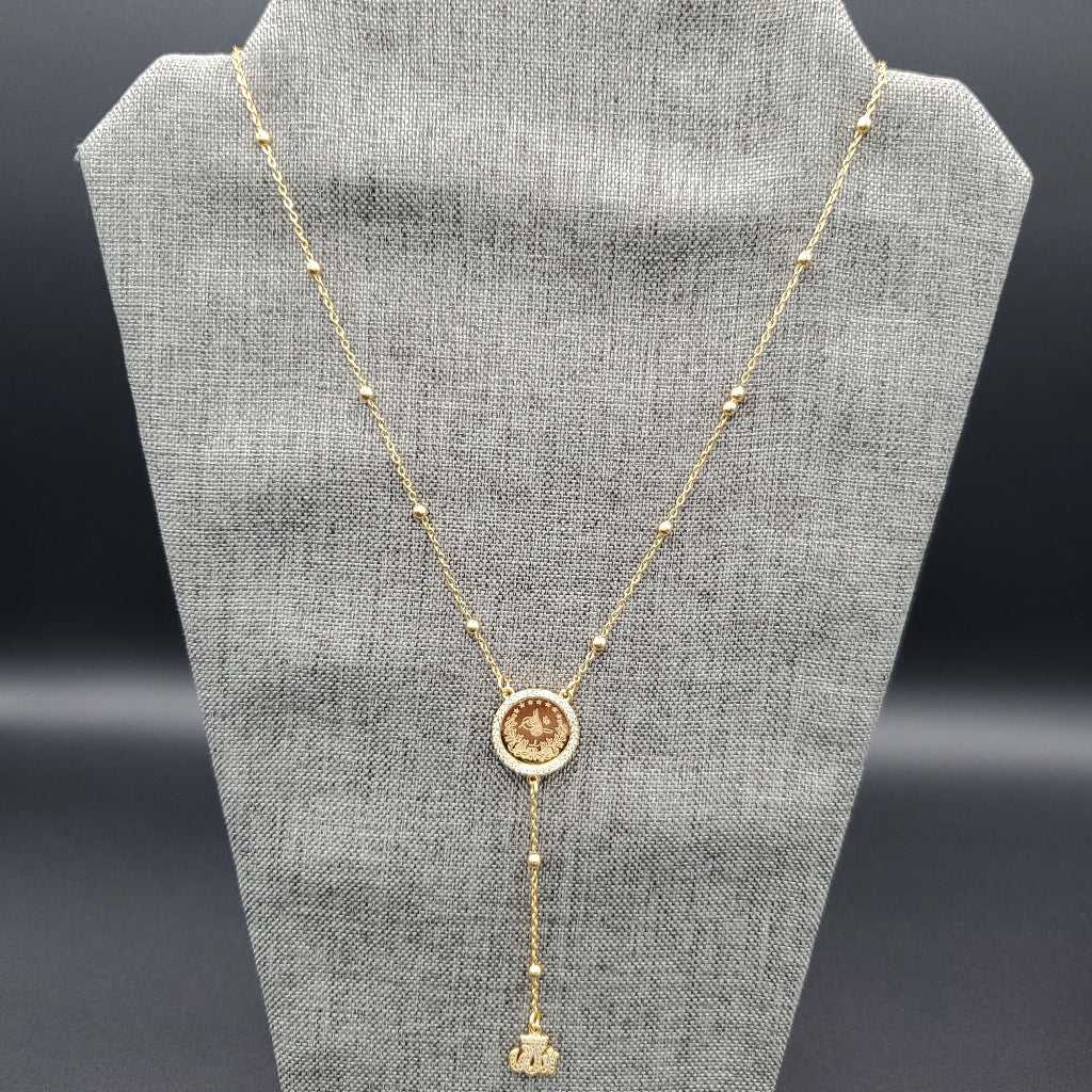 Lira Coin Necklace - Gold Plated Vintage in Gold finish, with cubic zirconia stone on a neutral background