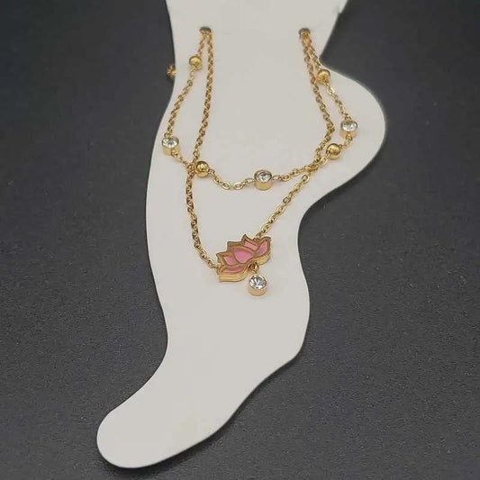 Lotus Flower Anklet in Gold finish, with cubic zirconia stone on stones