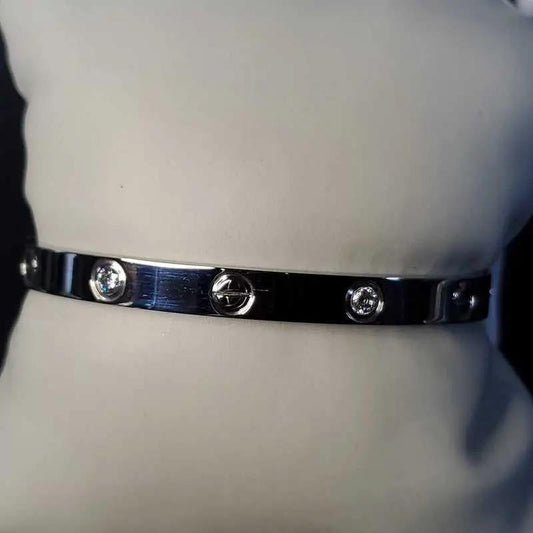 Love Screw Bangle in Silver finish, with cubic zirconia stone on a neutral background