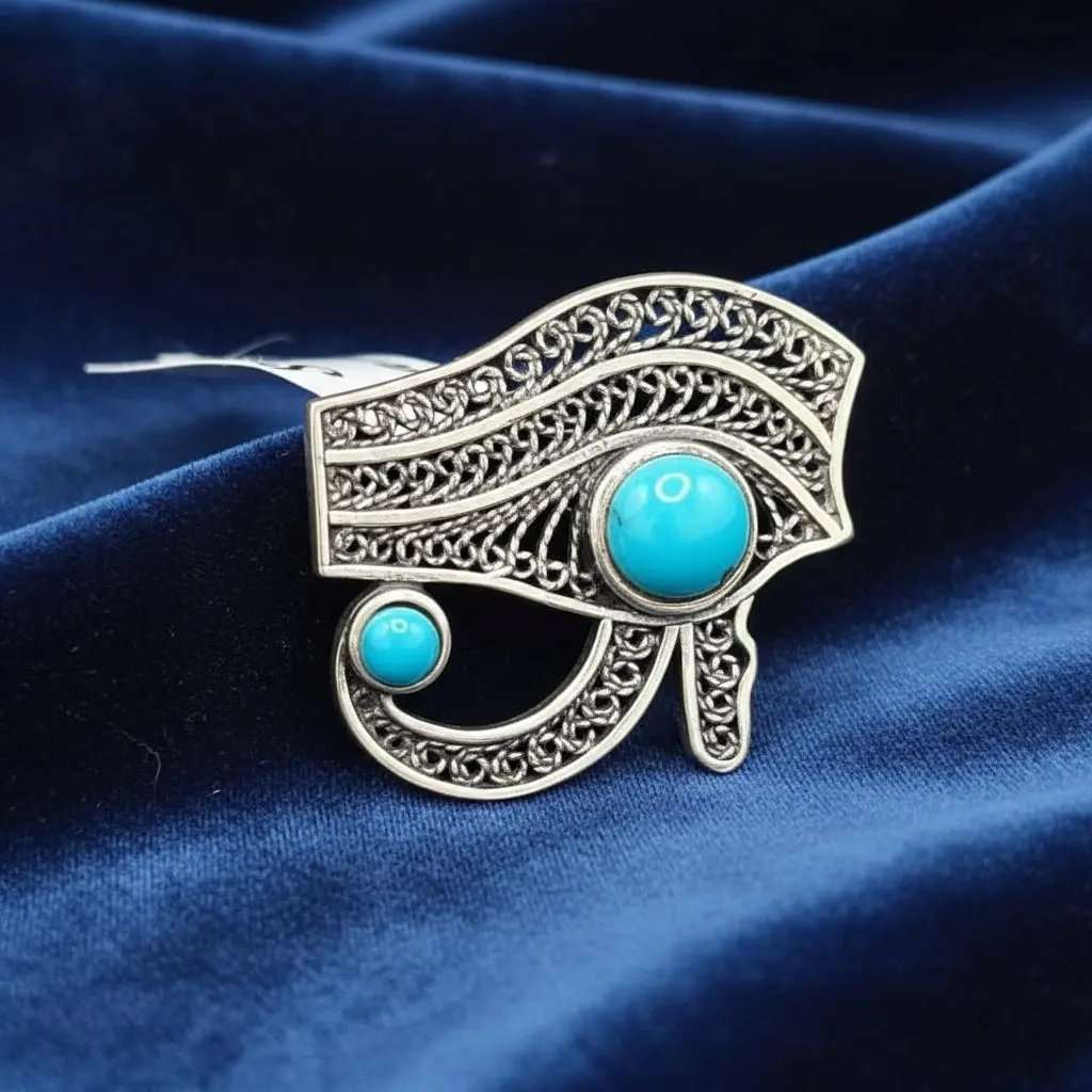 Modern Eye of Horus Ring in Silver finish, with turquoise stone on a blue velvet background