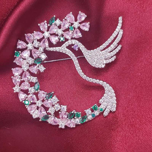 Rhinestone Bird Brooch in Silver finish, with cubic zirconia stone on stones