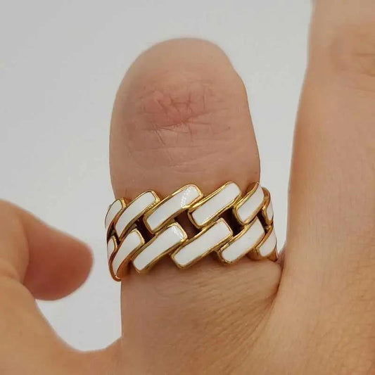 Sophisticated Enamel Ring in Gold finish on a thumb