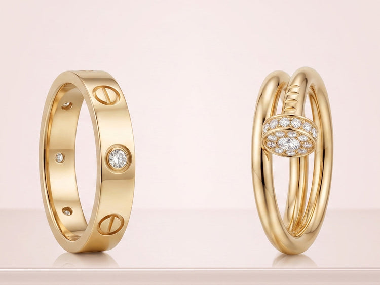 Two gold rings displayed on a light beige surface against a pale pink background. The left ring is a classic yellow gold band with screw details and a round diamond. Cartier Design