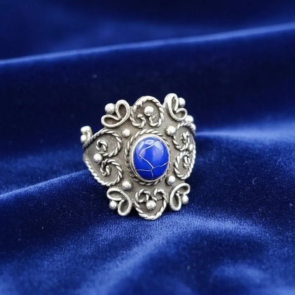 Egyptian style sterling 925 silver ring with a blue stone on a blue fabric background