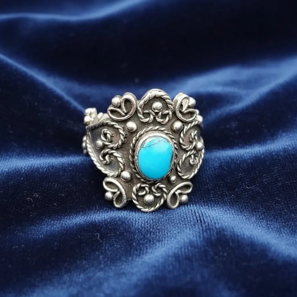 Egyptian style sterling 925 silver Ring with a turquoise stone on a blue fabric background