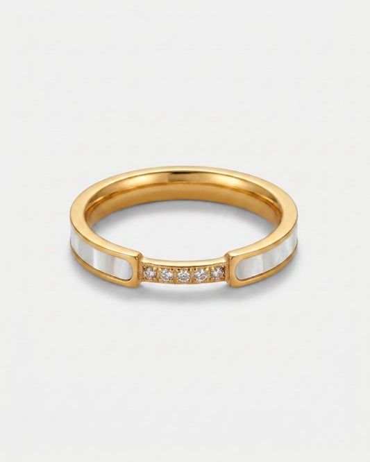 A gold ring with a double row of white inlay panels and a row of small clear stones in the center, shown on a light gray background.