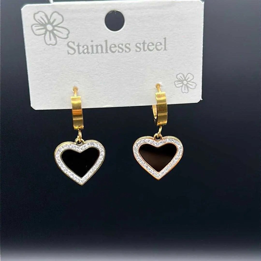 Artisanal Heart Earrings in Gold finish, with cubic zirconia stone on stones