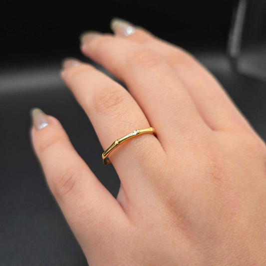 Bamboo ring in Gold finish, with cubic zirconia stone on stone