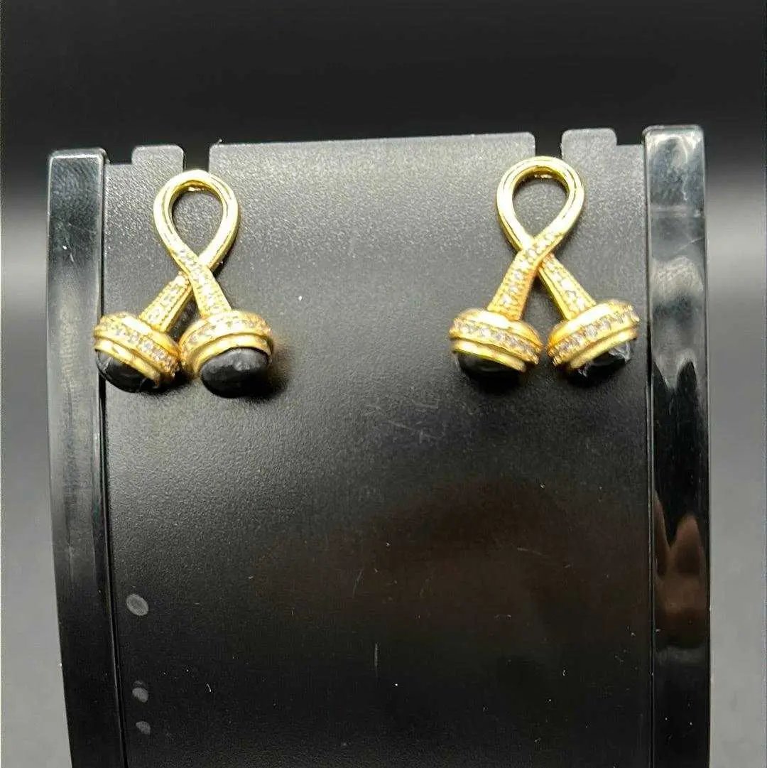 Black stone Earrings in Gold finish, with cubic zirconia stone on stones and black drops