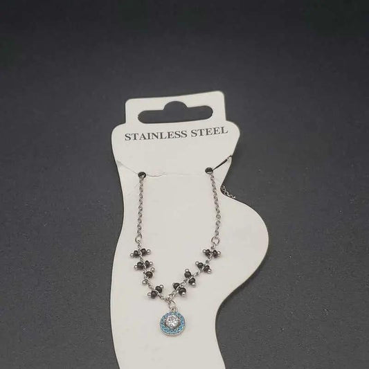 Blue Stone Anklet in Silver finish, with cubic zirconia stone on a neutral background