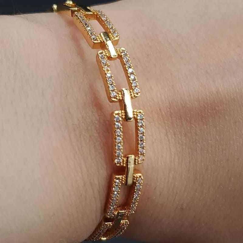 Chain Cuff Bracelet & Ring Set in Gold finish, with cubic zirconia stone on stones on a wrist