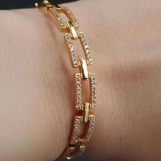 Chain Cuff Bangle & Ring Set in Gold finish, with cubic zirconia stone on stones on a wrist