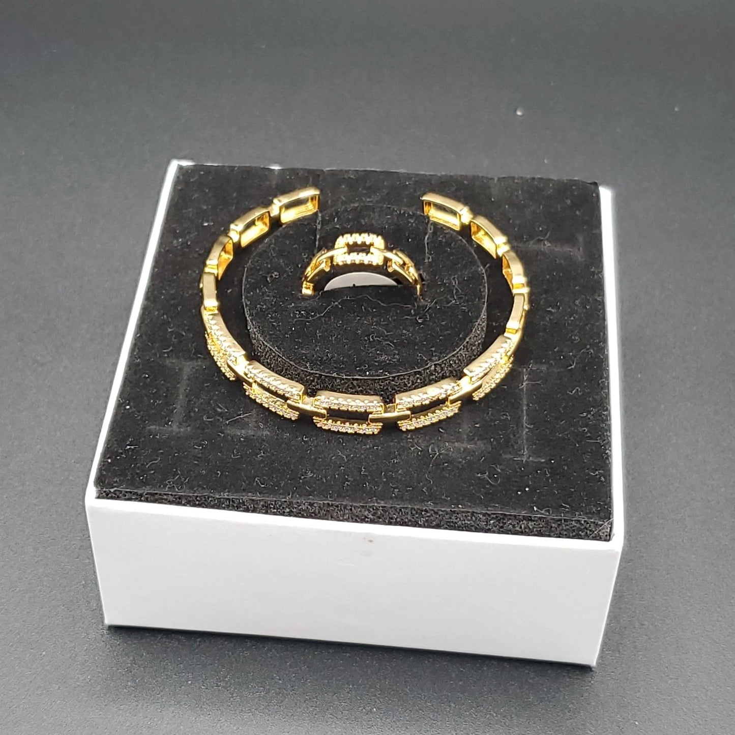 Chain Cuff Bangle & Ring Set in Gold finish, with cubic zirconia stone on stones, in a white and black display box