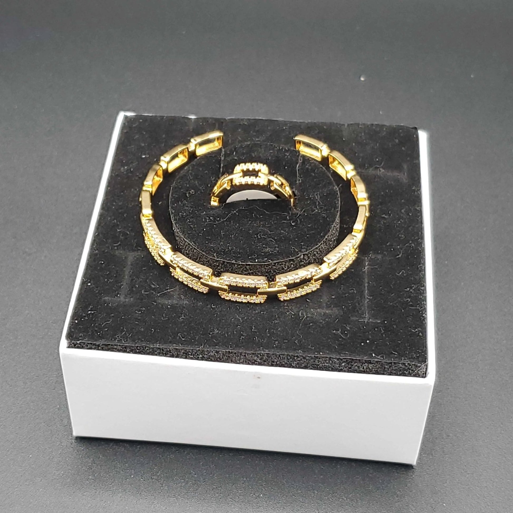 Chain Cuff Bangle & Ring Set in Gold finish, with cubic zirconia stone on stones, in a white and black display box