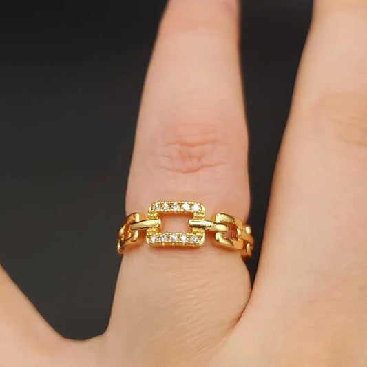 Chain Cuff Bangle & Ring Set in Gold finish, with cubic zirconia stone on stones set in a rectangular centerpiece