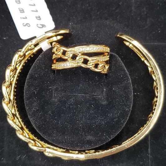Chain Link Bangle & Ring Set in Gold finish, with cubic zirconia stone on stones