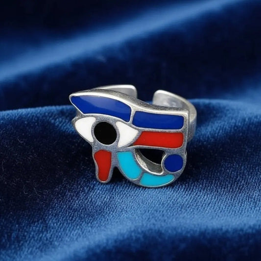 Classic Eye of Horus Ring in Silver finish on a neutral background