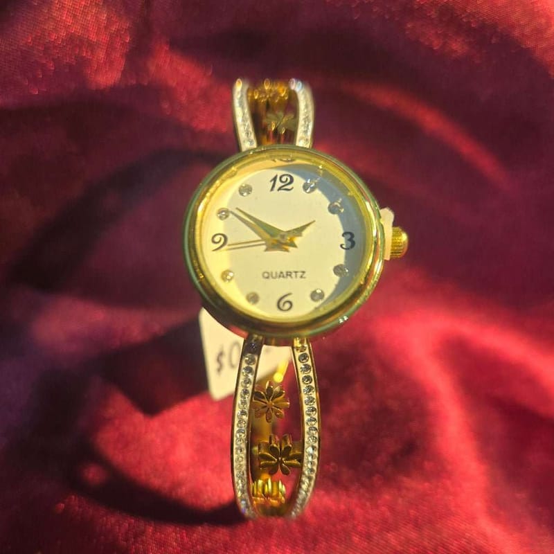 Classic Flower Bangle watch in Gold and Silver finish, with cubic zirconia stone on stones and floral accents