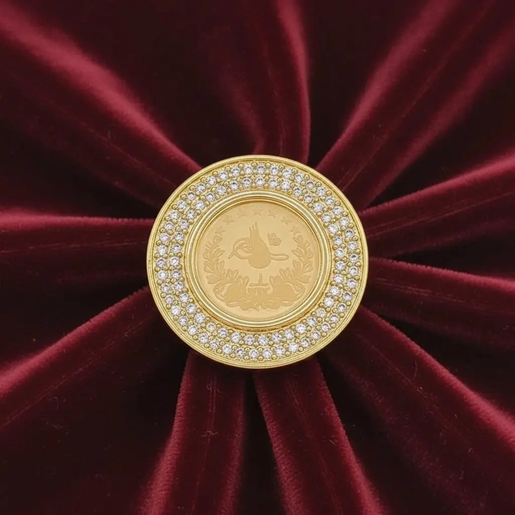 Classic Lira Coin Ring in Gold finish, with cubic zirconia stone on stones on a red velvet background