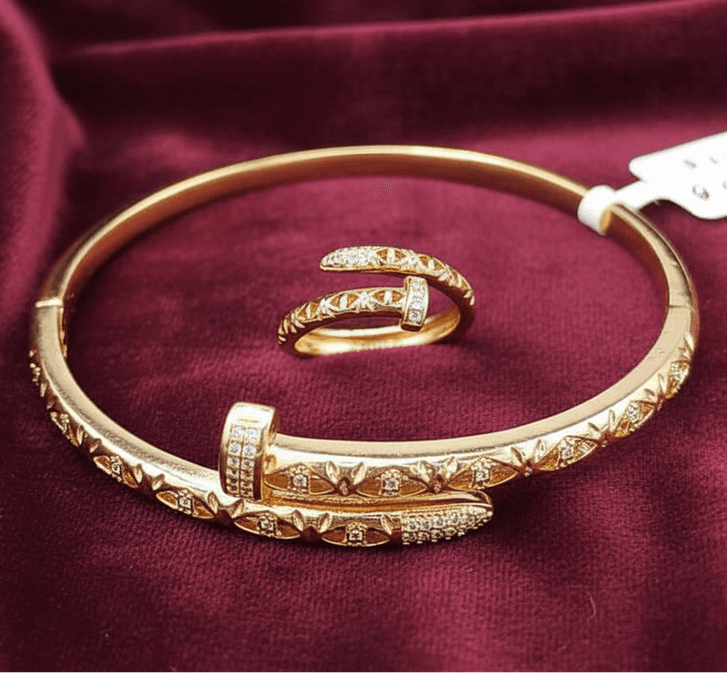 Classic Nail Bracelet & Ring Set in Gold finish, with cubic zirconia stone on stones and engraved patterns