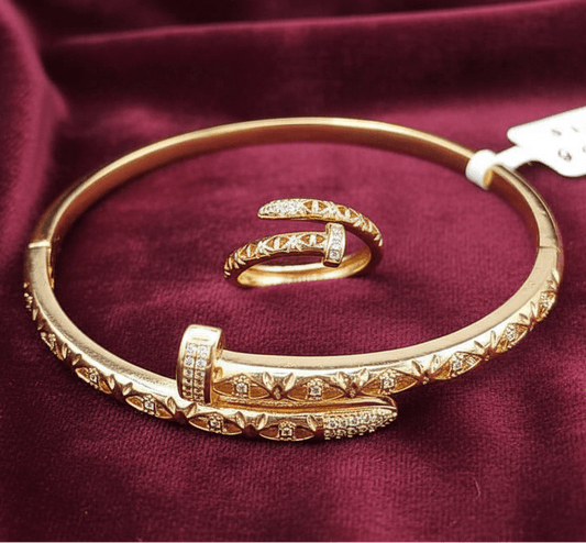 Classic Nail Bangle & Ring Set in Gold finish, with cubic zirconia stone on stones and engraved patterns