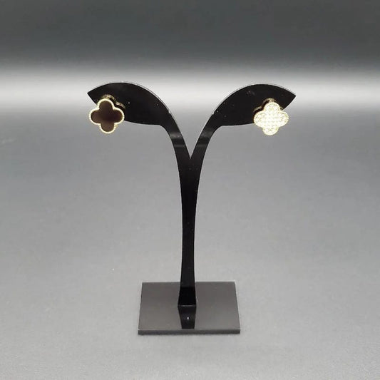 Clover Earring | Double face in Gold finish, with cubic zirconia stone on stones, the other with black enamel