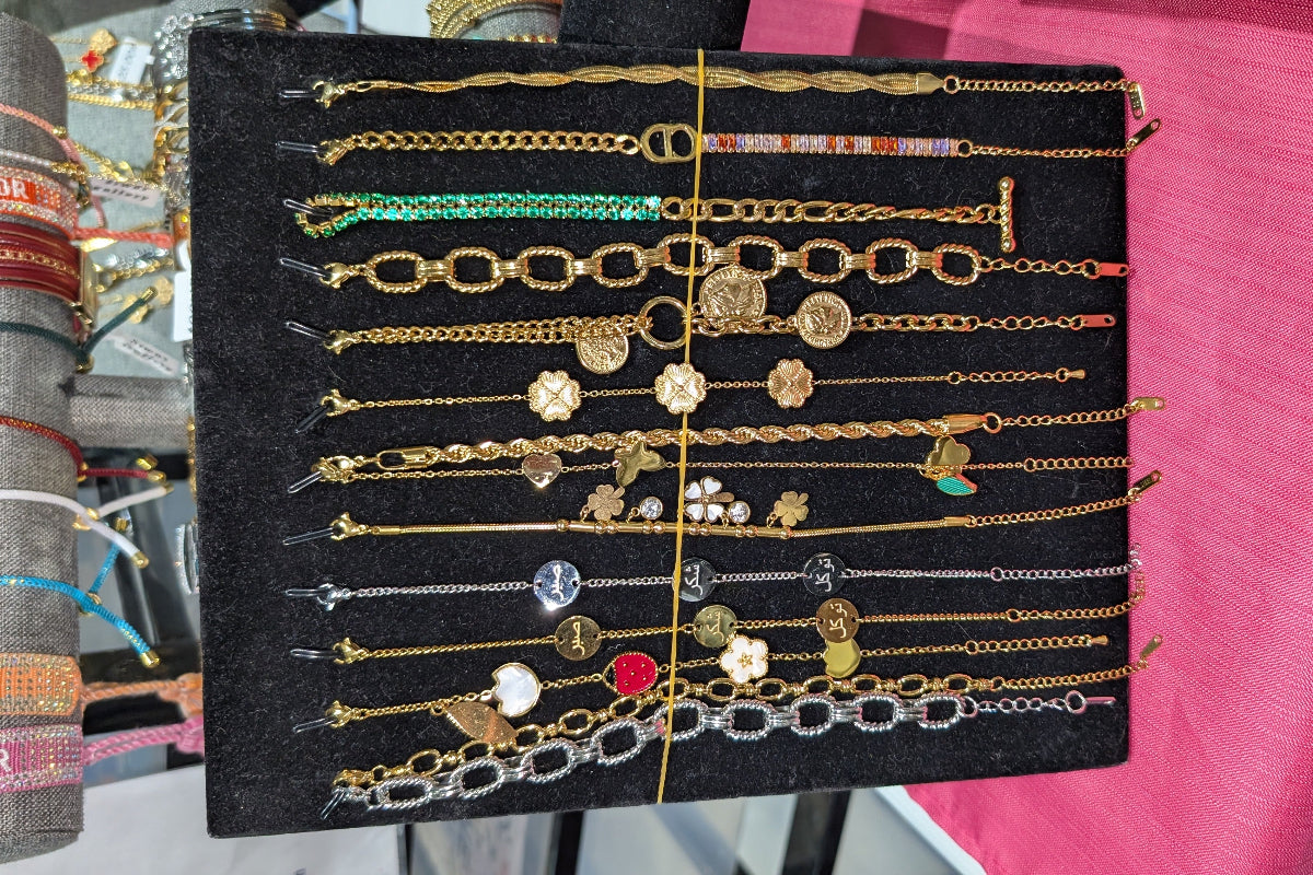 Collection of necklaces on a black card with a pink background