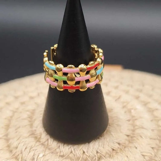 Colorful Design Ring in Gold finish on a neutral background