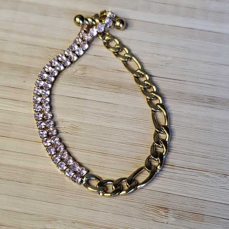 Colorful Stone Bracelet in Gold finish, with cubic zirconia stone on tennis chain and half figaro chain