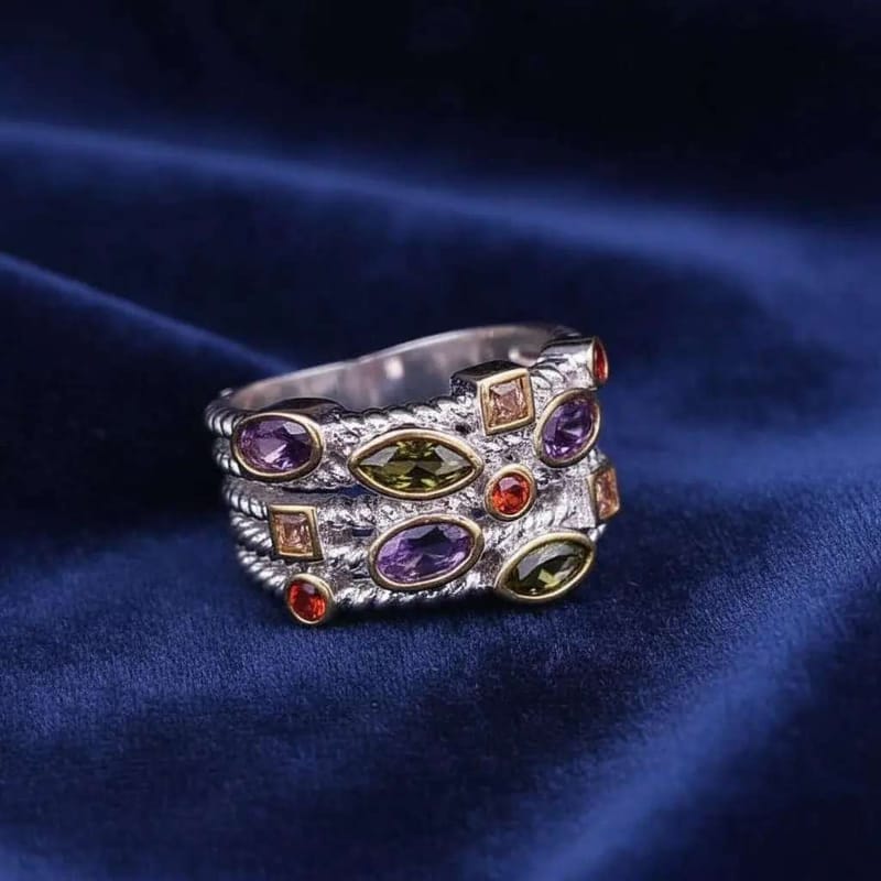 Colorful Stones Ring in Silver finish on a neutral background