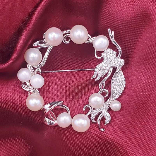Dazzling Mermaid Brooch in Silver finish, with cubic zirconia stone on stones