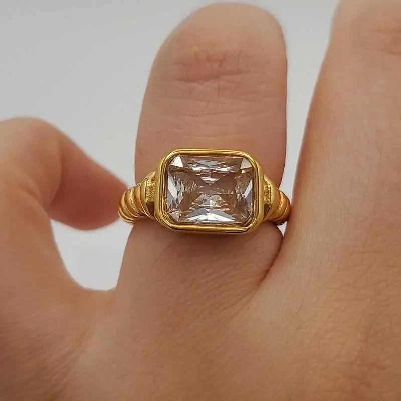 Elegant Big Stone Ring - Gold Plated Stainless Steel in Gold finish, with cubic zirconia stone on a neutral background