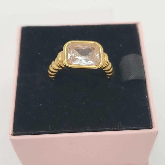 Elegant Big Stone Ring - Gold Plated Stainless Steel in Gold finish, with cubic zirconia stone on a neutral background