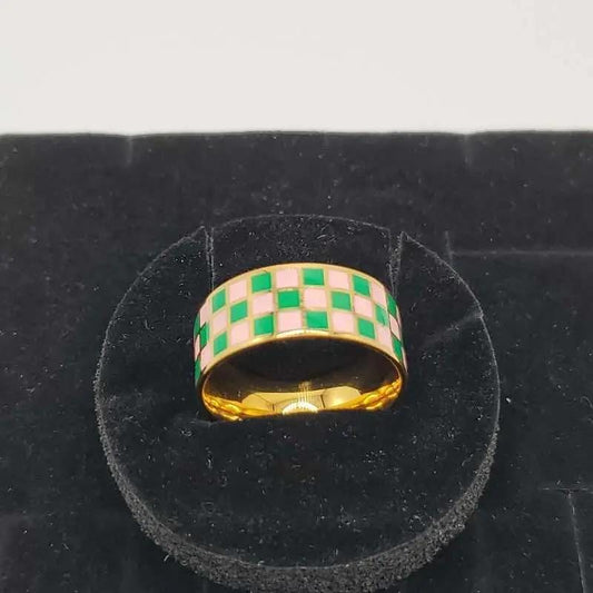 Enamel Checkerboard Ring - 21K Gold Plated Band in Gold finish on a neutral background