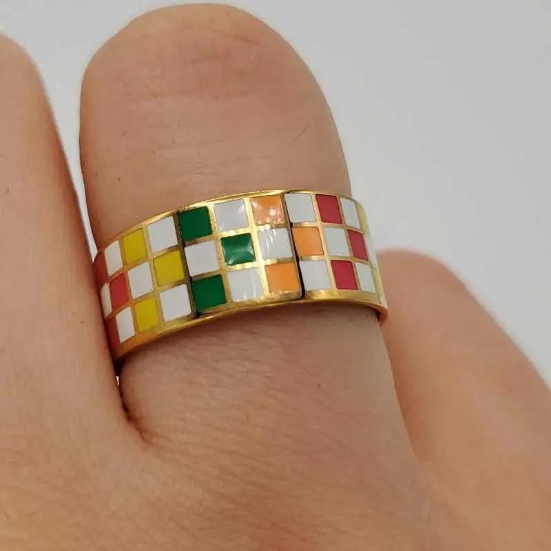 Enamel Checkerboard Ring - 21K Gold Plated Band in Gold finish on a neutral background