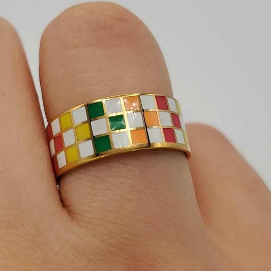 Enamel Checkerboard Ring - 21K Gold Plated Band in Gold finish on a neutral background