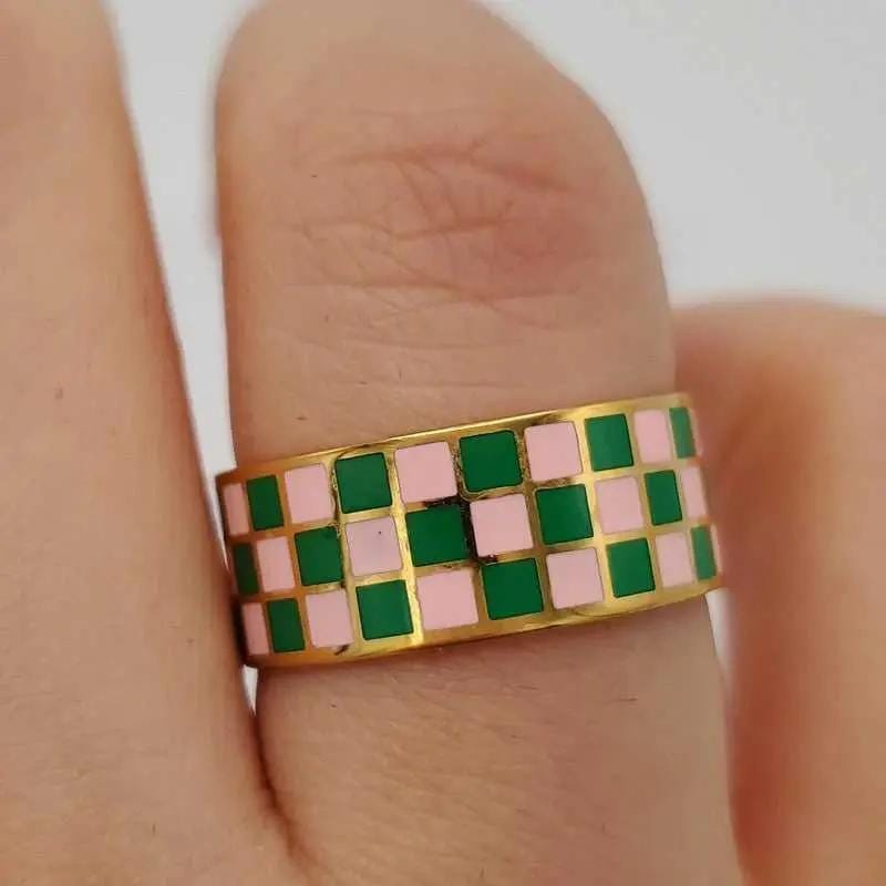 Enamel Checkerboard Ring - 21K Gold Plated Band in Gold finish on a neutral background